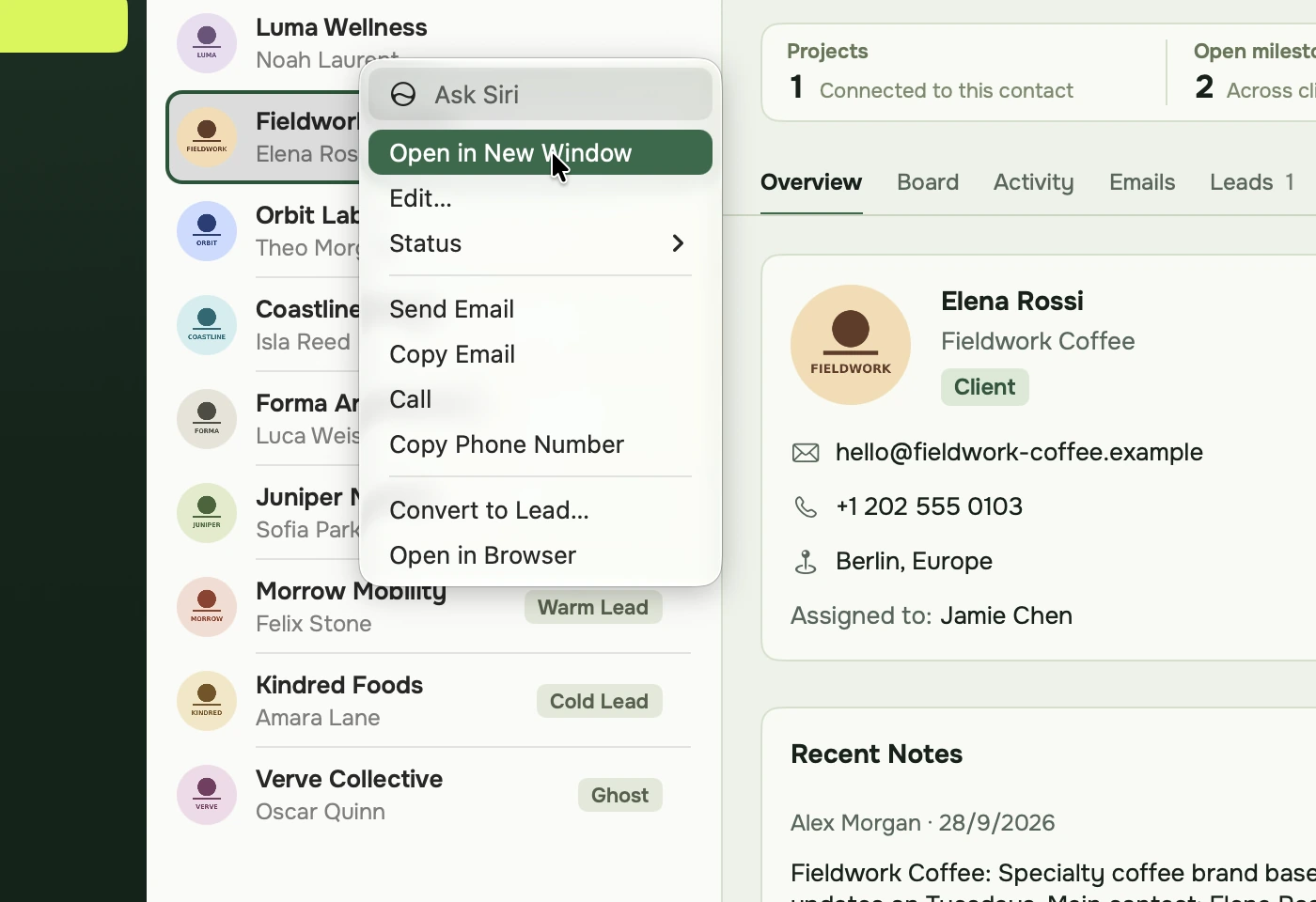 The right-click menu on a contact with Open in New Window highlighted