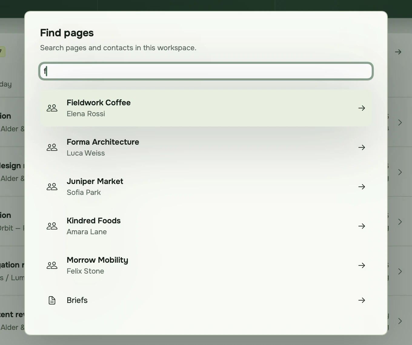 The Find pages palette listing clients that match the letter o