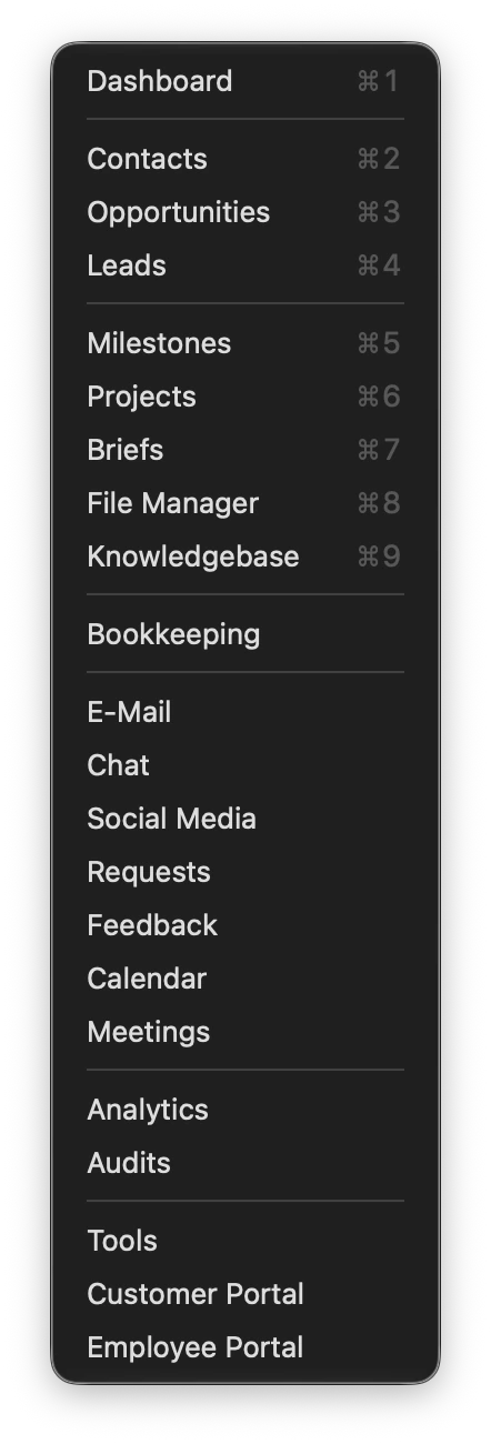 The Go menu of DooDock for Mac with ⌘1 to ⌘9 next to the modules