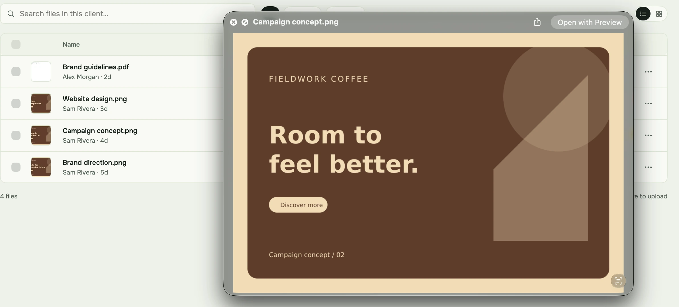 A Fieldwork Coffee campaign design open in Quick Look over the File Manager